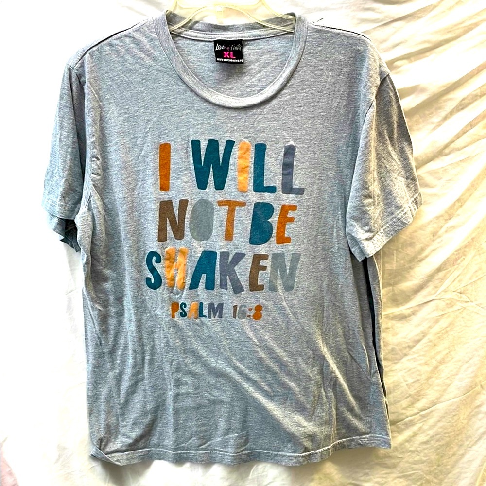 Love & faith Gray Men's T-Shirt “ I will not be shaken psalm 16:8 men sz XL